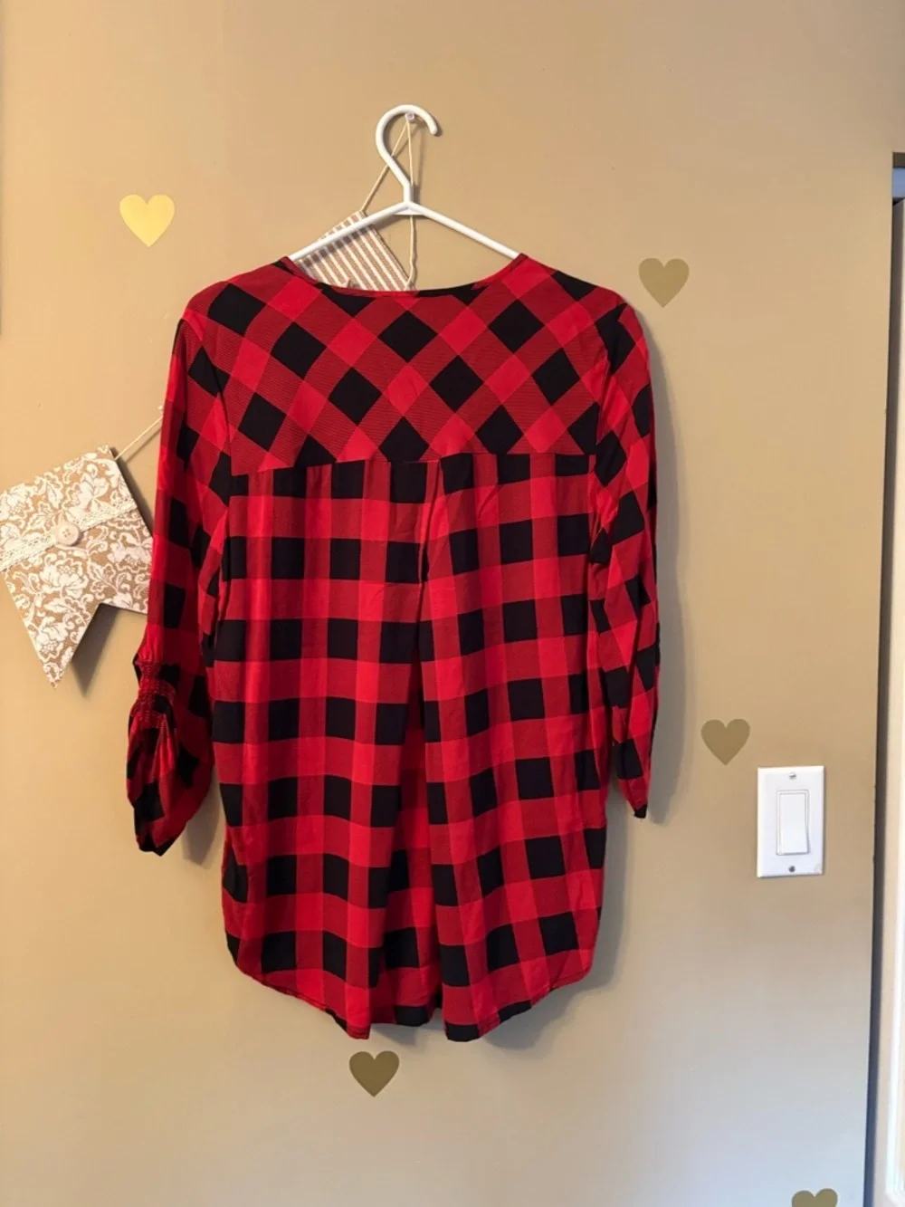 FDJ Red and Black Buffalo Plaid V-Neck Blouse - Picture 8 of 8
